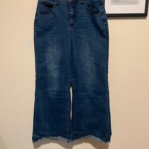 Blue Flare Wide Leg Jeans with Raw Hem